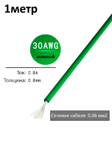 Провод электрический 30AWG, 0.06 кв.мм зеленый многожильный